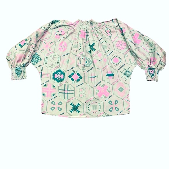 SHERIDAN FRENCH Becca Blouse Preppy Top w Puff Long Sleeves Ruffle Smocked Neck - Picture 8 of 16